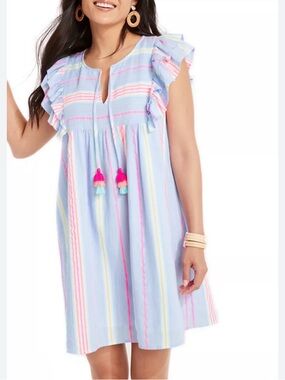 Vineyard Vines Beachy Stripe Tunic Dress Ruffle Sleeve Tassel Size M